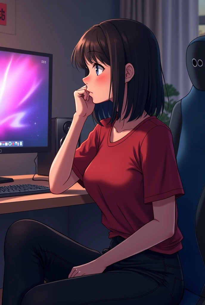 An anime is around 29 years lady old sitting in her gaming room and telling a story keeping her hand down on her leg. closing her mouth. She is Wearing a red T-shirt and black jeans