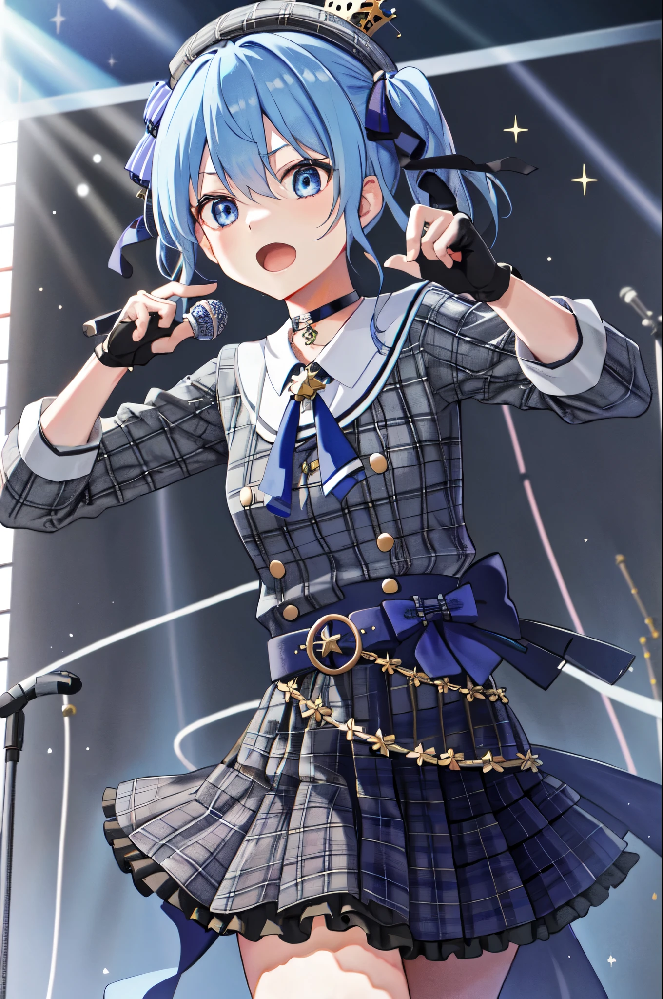 1 girl、Star Town Suisei、Blue eyes、gloves、microphone、Blue Hair、Plaid、hat、choker、Open Mouth、Plaid hat、Side Ponytail、beret、crown、skirt、Has a black gloveicrophone、Partially fingerless gloves、Plaid skirt、shirt、Hair between the eyes、belt、ribbon、Pointing、Microphone Stand、Long Shot