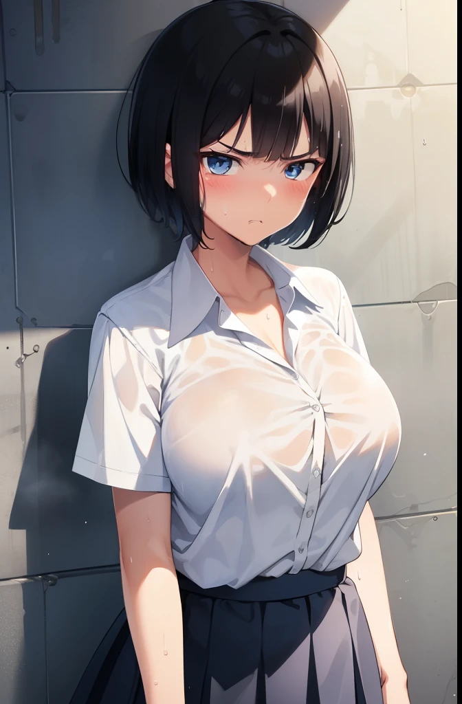 sunny,boyish,short hair,Black Hair,blue eyes, 1,High school girl 1,high school,Schoolyard,Summer uniform,mini skirt,Serious face,blush,Big Breasts,Cowboy Shot,White shirt,Gloomy face,Sweaty,Wet,