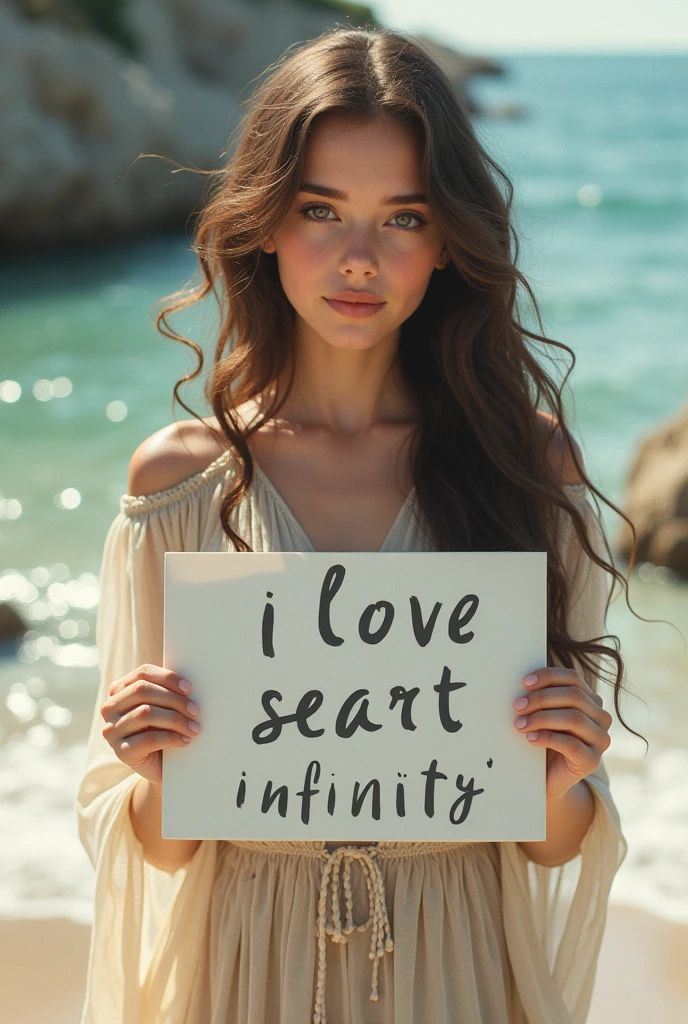 Beautiful girl with wavy long hair, bohemian dress, holding a white board with text "I Love Seaart Infinity" and showing it to the viewer