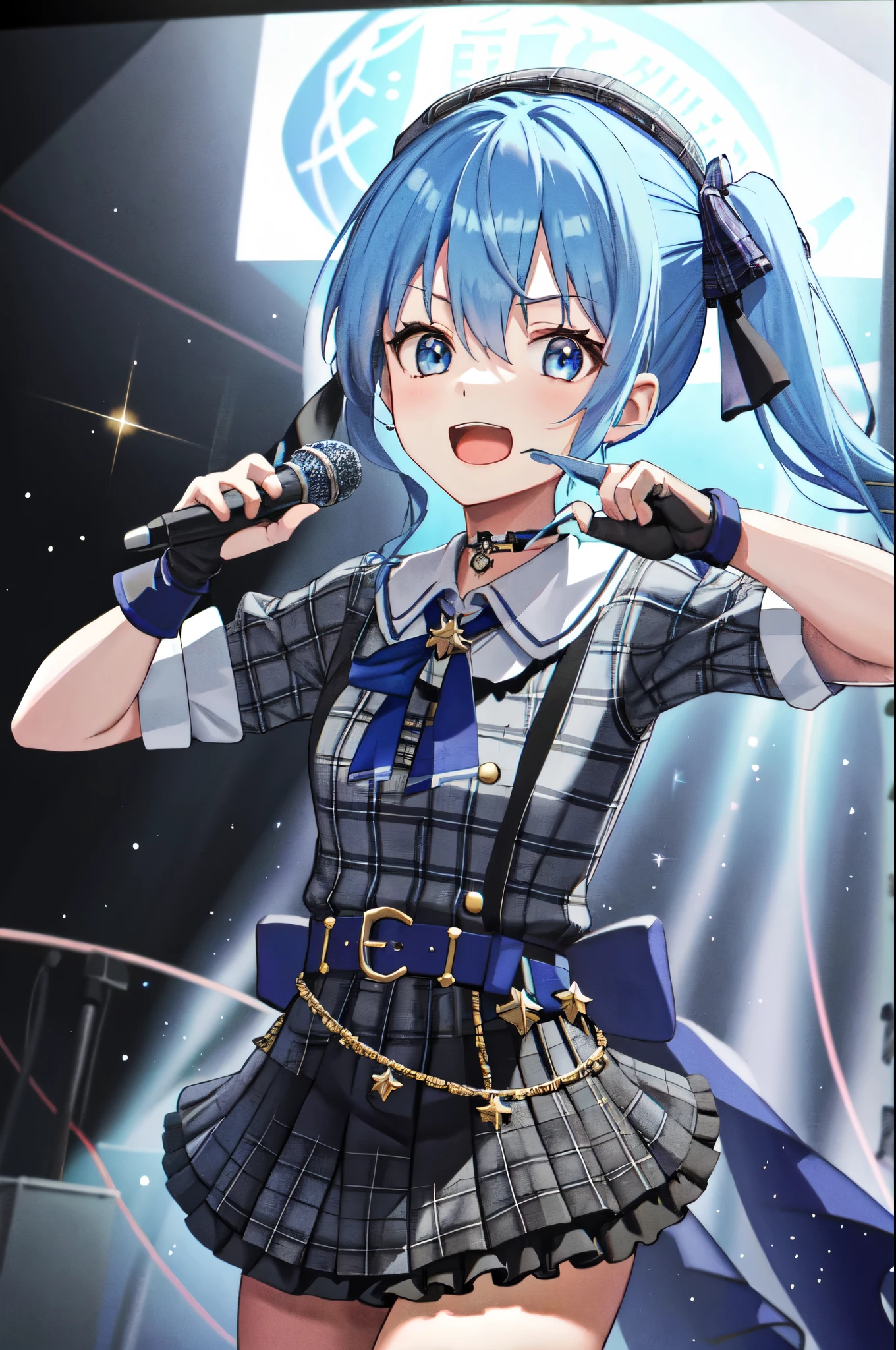 1 girl、Star Town Suisei、Blue eyes、gloves、microphone、Blue Hair、Plaid、hat、choker、Open Mouth、Plaid hat、Side Ponytail、beret、crown、skirt、Has a black gloveicrophone、Partially fingerless gloves、Plaid skirt、shirt、Hair between the eyes、belt、ribbon、Pointing、Microphone Stand、Long Shot