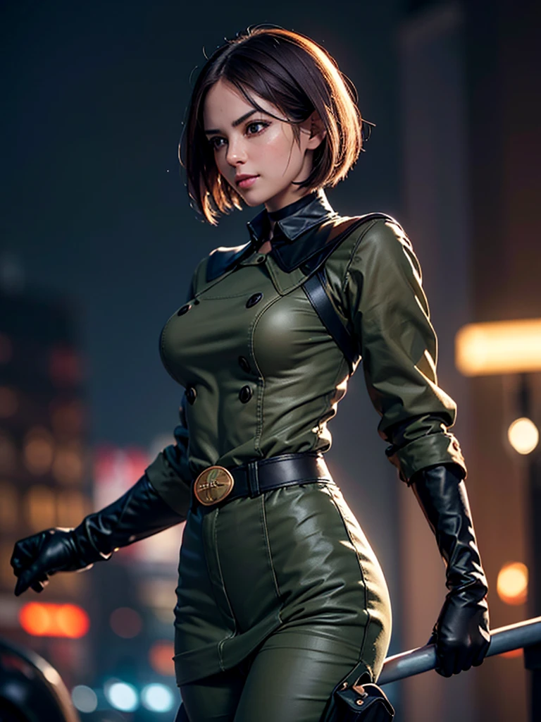 (at night), in a video game scene in the background, a beautiful city at night, raining, alone, standing looking straight ahead, military clothing with military green skirt and pants, black gloves, semi-short hair, ((semi-short hair)), 1 girl, 30 years old, young woman, perfect hands, Beautiful fingers, Beautiful long legs, Beautiful body, Beautiful nose, Beautiful character design, perfect face, looking straight at the viewer with a serious gesture and very upset, she has a black whip in her hand (focusing on her face), mouth closed, light_smile, official art, extremely detailed CG unity 8k wallpaper, perfect lighting, bright and colorful front lighting, shiny skin (artwork master: 1.0), (Best_quality: 1.0), ultra High resolution, 4k, ultra detailed photography, 8K, hdr, High resolution, Nonsense:1.2, Kodak portrait 400, film grain, Blurred background, bokeh:1.2, Flash lens, (vibrant_color:1.2), professional photography, (Beautiful, : 1.4), (Beautiful_face: 1.5), (narrow waist),