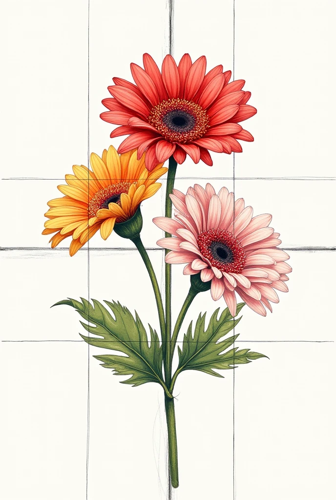 Generates an image of a drawing of 3 gerberas together that is divided into 9 by lines