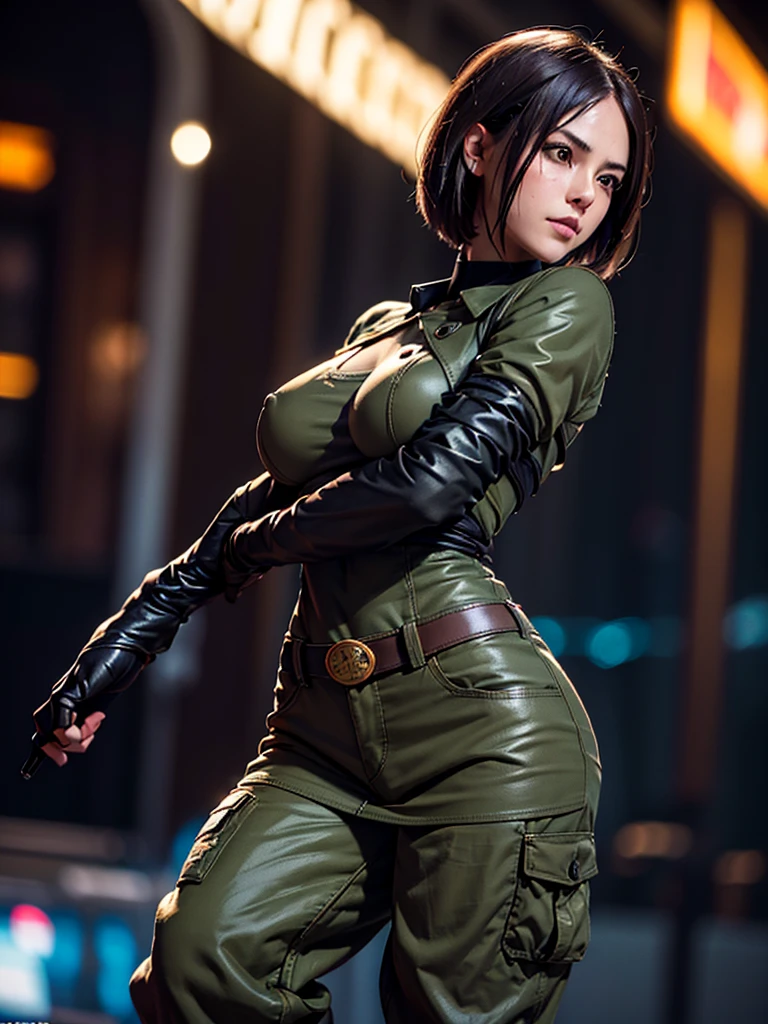 (at night), in a video game scene in the background, a beautiful city at night, raining, alone, standing looking straight ahead, military clothing with military green skirt and pants, black gloves, semi-short hair, ((semi-short hair)), 1 girl, 30 years old, young woman, perfect hands, Beautiful fingers, Beautiful long legs, Beautiful body, Beautiful nose, Beautiful character design, perfect face, looking straight at the viewer with a serious gesture and very upset, she has a black whip in her hand (focusing on her face), mouth closed, light_smile, official art, extremely detailed CG unity 8k wallpaper, perfect lighting, bright and colorful front lighting, shiny skin (artwork master: 1.0), (Best_quality: 1.0), ultra High resolution, 4k, ultra detailed photography, 8K, hdr, High resolution, Nonsense:1.2, Kodak portrait 400, film grain, Blurred background, bokeh:1.2, Flash lens, (vibrant_color:1.2), professional photography, (Beautiful, breasts: 1.4), (Beautiful_face: 1.5), (narrow waist),