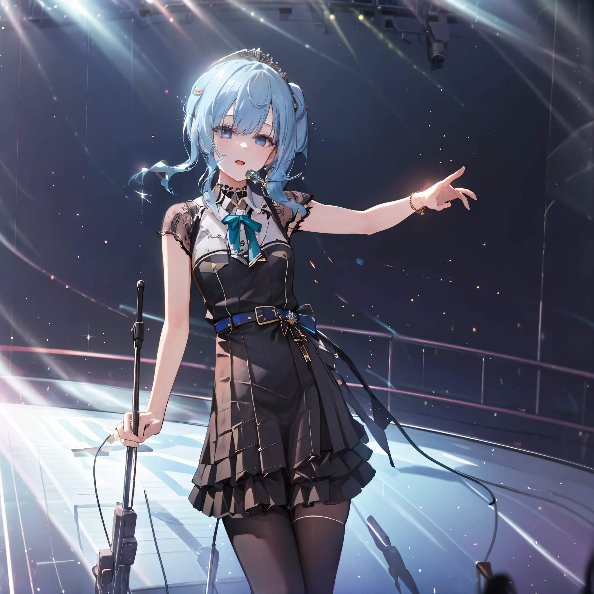 masterpiece, best quality, absurdres, 1girl, solo, Hoshimachi Suisei, light blue hair, blue eyes, happy, smile, parted lips, slender, sidelocks, sideponytail, toned, 
idol, idol clothes, hololive idol uniform, bowtie, blue skirt, brooch, dress, concert, on stage, frilled skirt, jewelry, layered dress, short sleeves, tiara, midriff, thighhighs,shout,(open_mouth:1.3),singing,(angry:0.6), (glare:0.6), idle_live,audience_landscape,light up_girl,solo,shiny_effects,smile。joy,happy,(slanted_eyes:1.3),navel,