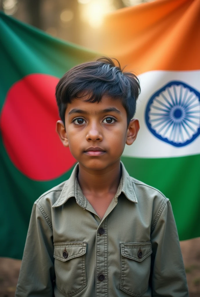 One such photo is a picture of a boy in the middle of Bangladesh Pakistan India made up of three national flags