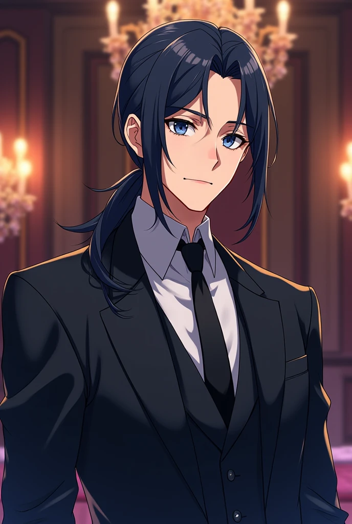 Anime Man with long black hair with long ponytail capul on his forehead dark blue eyes dressed in elegant suit at an anniversary party 