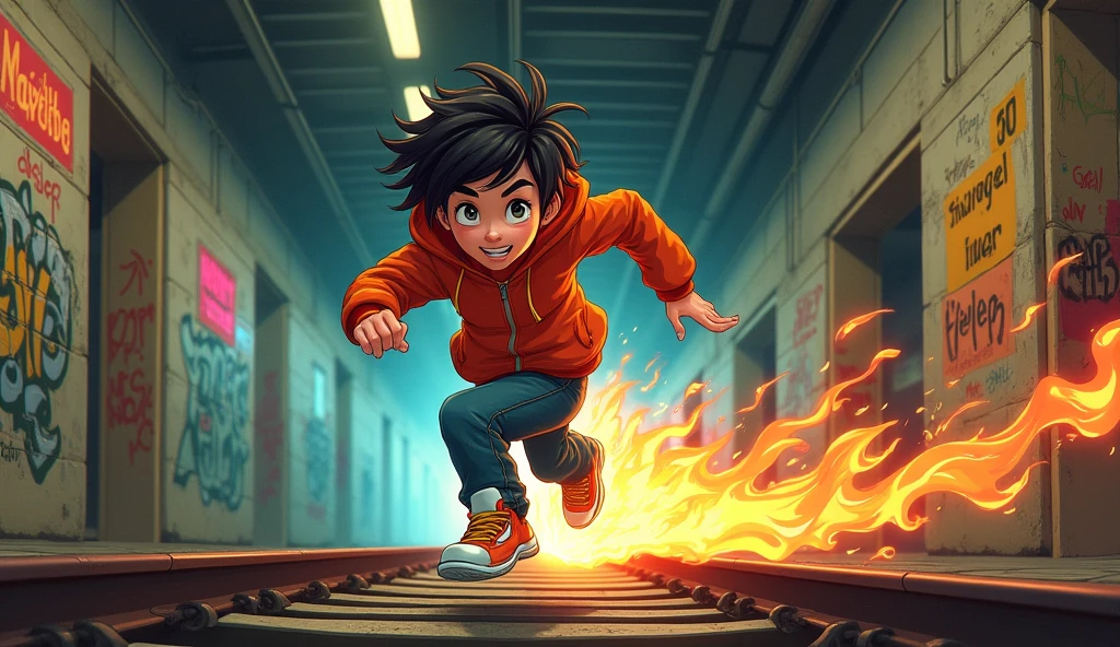 Subway surfers boy running in track with fire shoes