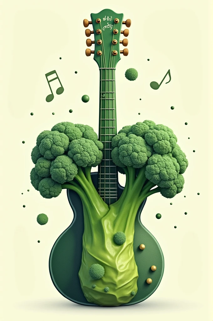 The broccoli image will be simplified into a more abstract and stylized form, such as a guitar, drum, or microphone. This will create a visually appealing and instantly recognizable image associated with the music theme, whrite BROO'SCOLY all around the picture