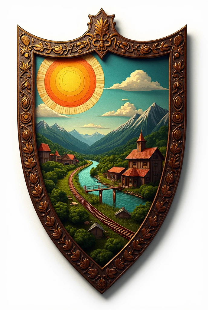 Shield for a community called "Nahualate Village" The community was founded on sugarcane lands, It is also worth noting that the train passes through and there is a railway station., The community borders a river and a bridge, Its people are dedicated to agriculture and the community also has a school and churches.