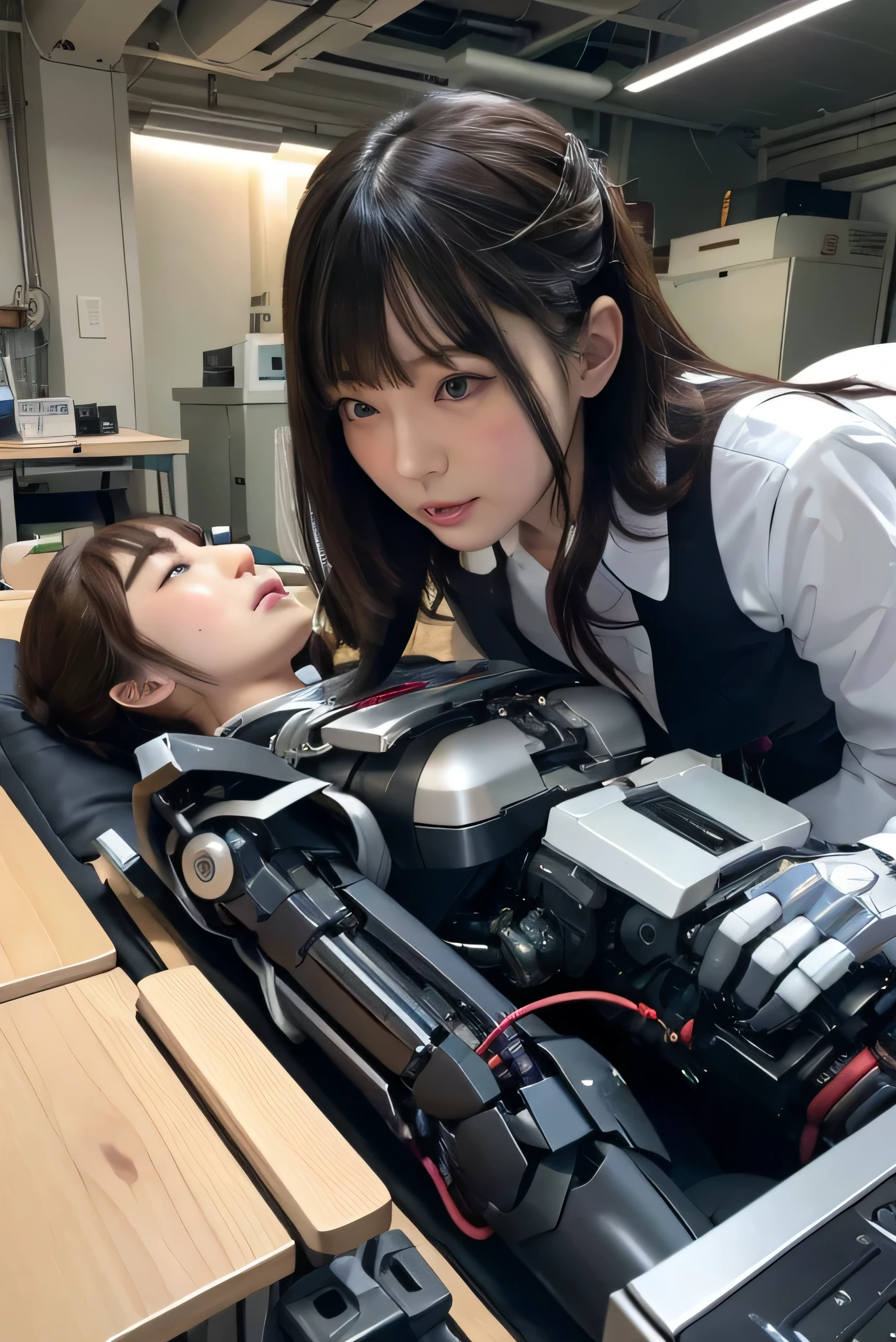masterpiece, best quality, extremely detailed, Japaese android couples,two individuals,Plump ,(lying on an operating table:1.4),(kissing on an, operating table:1.3)control panels,android,Droid,Mechanical Hand, Robot arms and legs, Black hair,Blunt bangs,perfect robot girl,long tube,thick cable connected her neck,android,robot,humanoid,cyborg,japanese cyborg girl ,robot-assembly plant,She is assembled now,assembly scene,chest monitor,blue eyes,office-lady