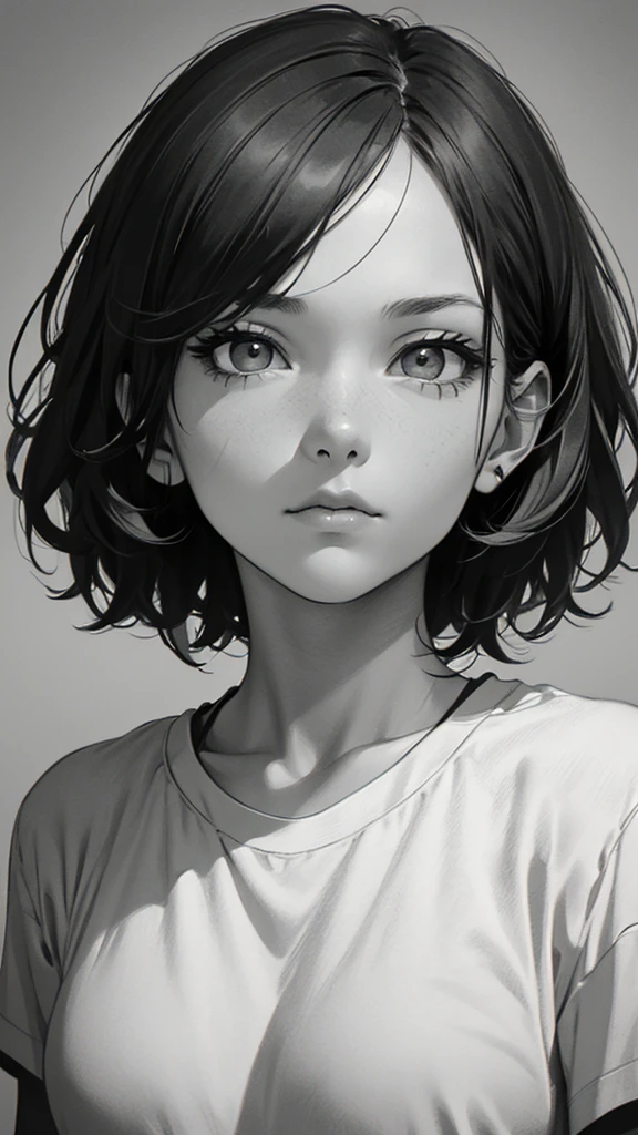 1 boyish girl, solo, bags under eyes, monochrome, greyscale, short black hair, portrait, T-shirt, closed mouth, looking at viewer, sketch, graphite \(medium\), detailed lips, hatching \(texture\), without makeup, bangs, upper body, (best illustration), (best quality), (very detailed), (masterpiece), expressionless,