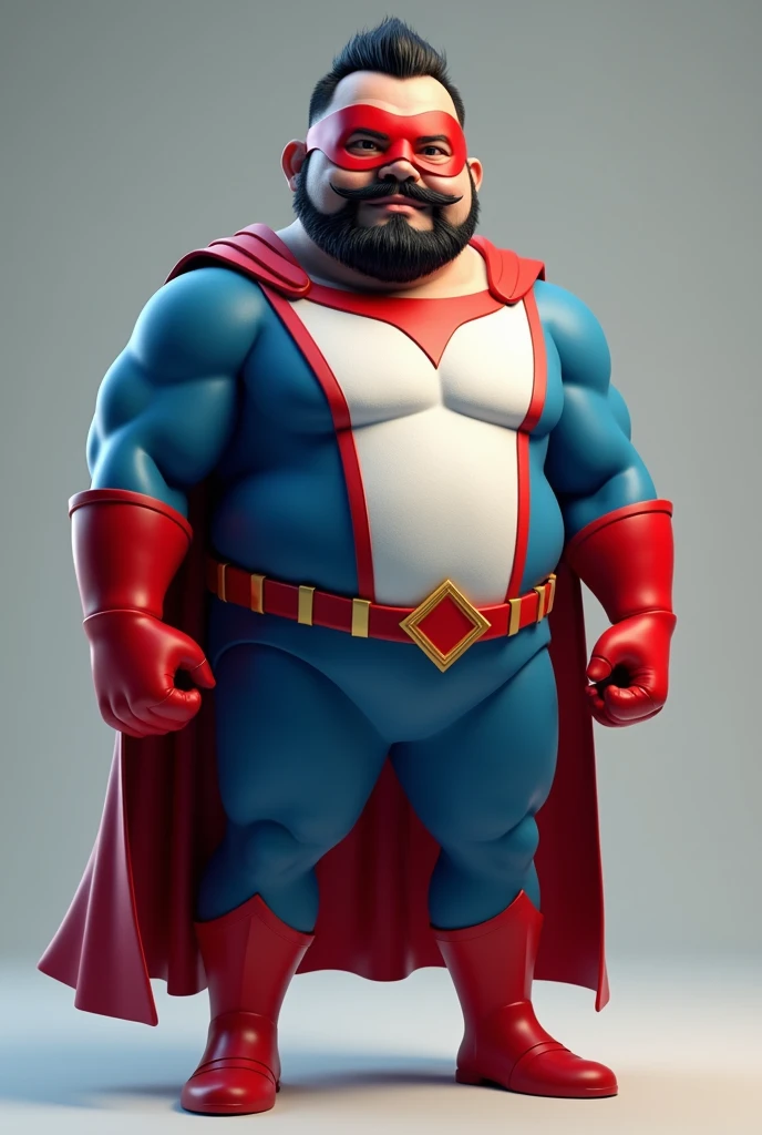 Malaysia male . Wear domino mask red. Mustache. Bearded face ,,chubby , short hair. Age 40 year old. Blue and white spandex. Red hand glove.