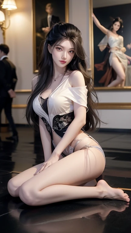 ((whole body)), 1 girl, Long hair, Red costume, Black Hair, long legs, Slender eyes, Fascinating eyes, Three long thin red hairpins, （（Human dynamic aerial posture））, drift, （（People in the air））, Elongated eyebrows, Tall and skinny, Clothes fluttering, （Very intricate details1.2）, Big round breasts, （Sexy pose）, Sheer white silk, Leakage out of the breast, Off-shoulder, raised eyebrows, Barefoot, bare legs, Delicate face, Fluffy hair, Transparent Clothes, gradient eyes, color contact lenses, light smile, Surrealism, ray tracing, reflection light, high detail, Romanticism, retina, masterpiece, anatomically correct, high details, highres, 8k, super detail