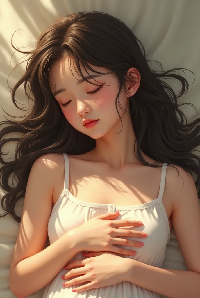 夏の光, a young asian girl is sleeping with her hand on her abdomen, 1girl, solo, realistic, lying, black hair, looking at viewer