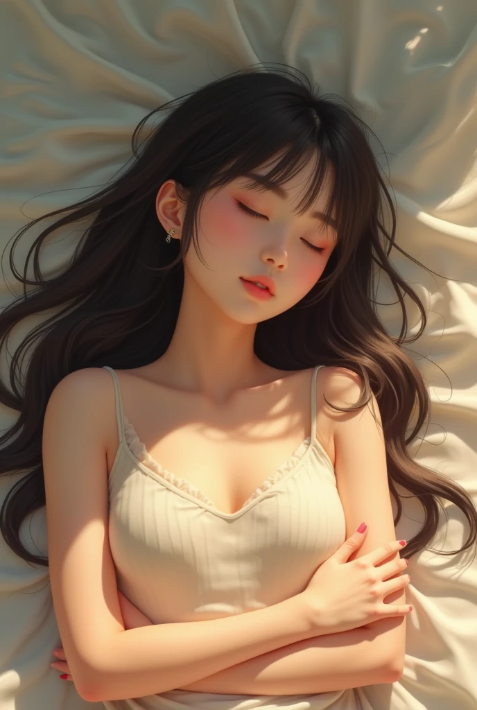 夏の光, a young asian girl is sleeping with her hand on her abdomen, 1girl, solo, realistic, lying, black hair, looking at viewer