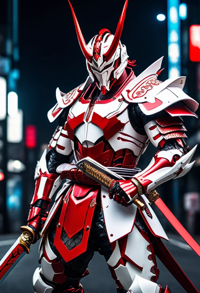 araffe dressed in a red white suit holding a sword and a sword, cyborg samurai, cyber japan samurai armor, cyberpunk samurai, very beautiful cyberpunk samurai, bio - mechanical ninja samurai, portrait of a cyberpunk samurai, cyber japan style armor, cyber japan armor, celtic and cyberpunk armor, black bull samurai, intricate assasin mecha armor