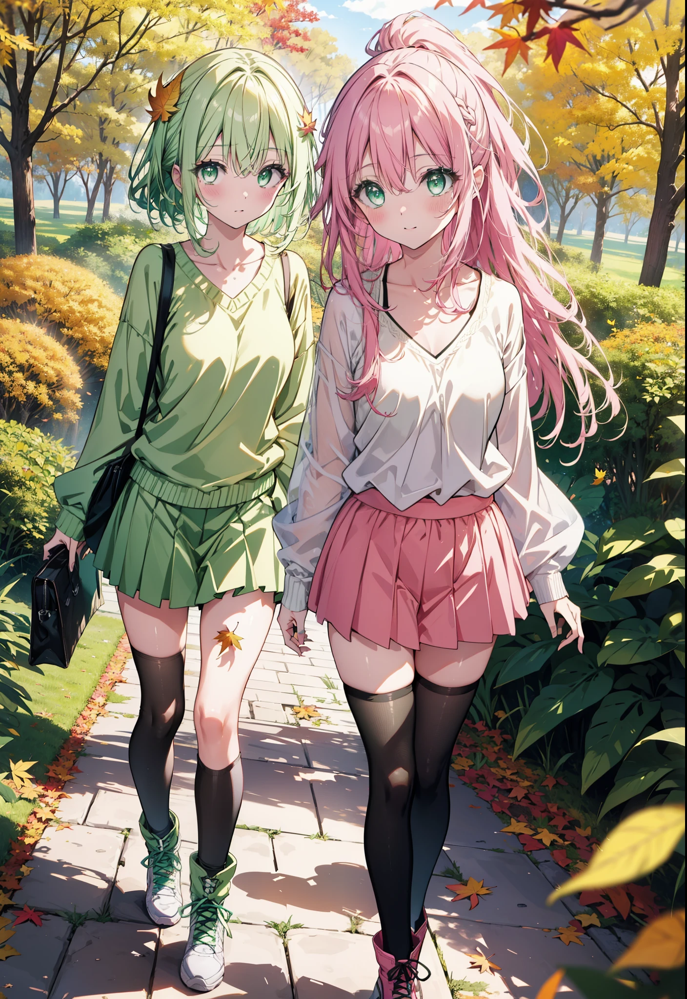 Laladevi Luke, Lara Deviluke, Long Hair, Pink Hair, tail, Ahoge, bangs, hair ornaments, (Green Eyes:1.5), smile,Open your mouth,ponytail,Open your mouth,blush,
break demon tail, One-shoulder sweater,mini skirt,black tights, short boots,Walking,autumn leaves,autumn leavesが散っている,autumn leavesが積もっている,Daytime,Clear skies,whole bodyがイラストに入るように,
break outdoors, forest,
break looking at viewer, whole body,
break (masterpiece:1.2), Highest quality, High resolution, unity 8k wallpaper, (figure:0.8), (beautiful detailed eyes:1.6), extremely detailed face, Perfect lighting, extremely detailed CG, (Perfect hands, Perfect Anatomy),