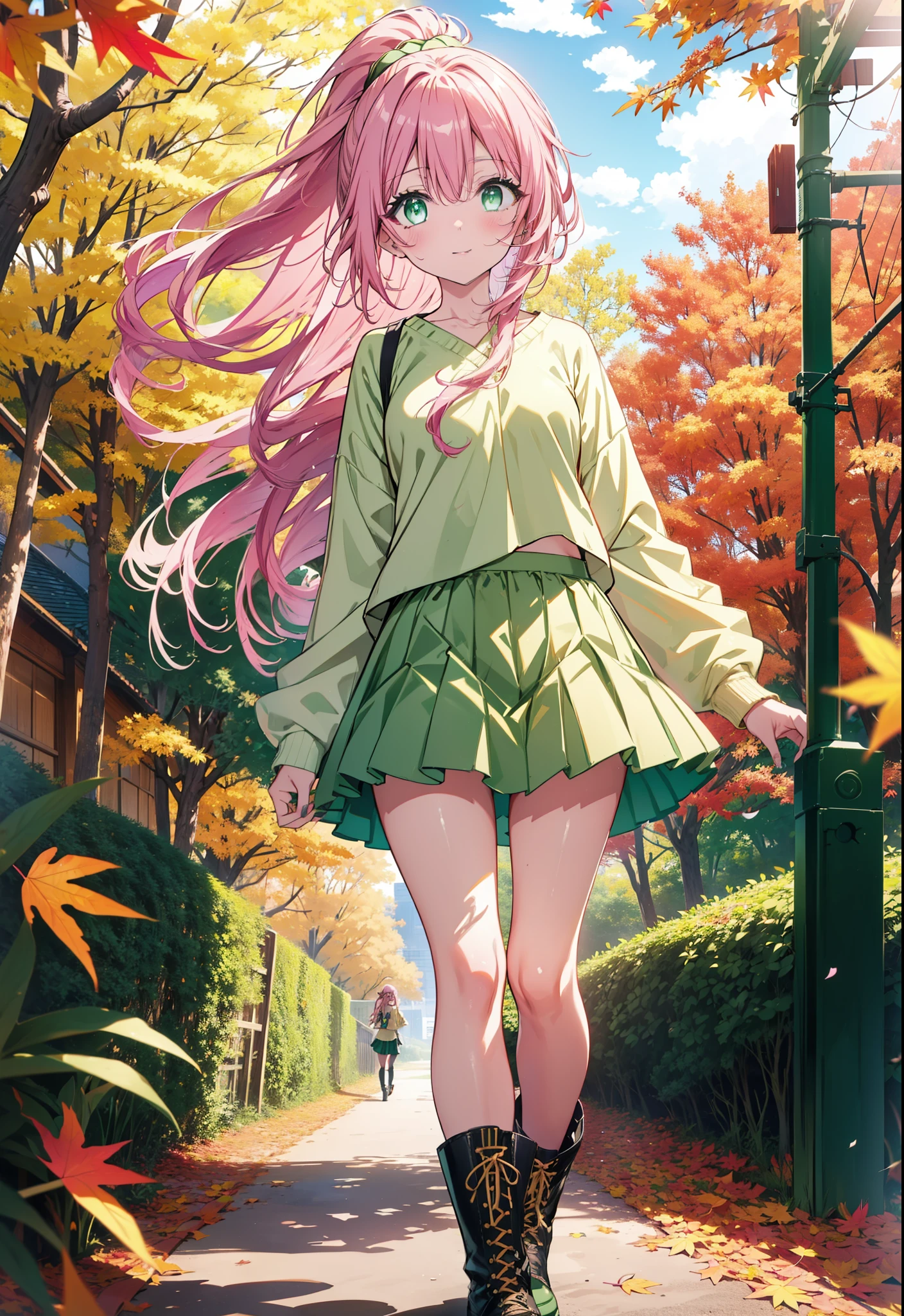 Laladevi Luke, Lara Deviluke, Long Hair, Pink Hair, tail, Ahoge, bangs, hair ornaments, (Green Eyes:1.5), smile,Open your mouth,ponytail,Open your mouth,blush,
break demon tail, One-shoulder sweater,mini skirt,black tights, short boots,Walking,autumn leaves,autumn leavesが散っている,autumn leavesが積もっている,Daytime,Clear skies,whole bodyがイラストに入るように,
break outdoors, forest,
break looking at viewer, whole body,
break (masterpiece:1.2), Highest quality, High resolution, unity 8k wallpaper, (figure:0.8), (beautiful detailed eyes:1.6), extremely detailed face, Perfect lighting, extremely detailed CG, (Perfect hands, Perfect Anatomy),