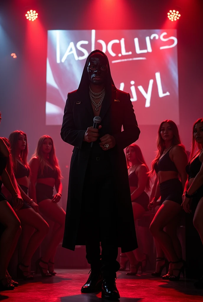 Design a scene featuring Ethan Alexander Paull, a 1 UK drill rap artist, his face hidden with a dark, sexually appealing mask. He's in a middle of a performance at a renowned club with the most luxury mic , surrounded by young girls that are over him, alluring women who amplify his menacing and seductive aura. His presence commands attention, with his name ETHAN ALEXANDER PAULL displayed prominently behind him on a large screen, highlighting his status and influence in the music scene. The club is alive with energy, reflecting his intense and charismatic persona.