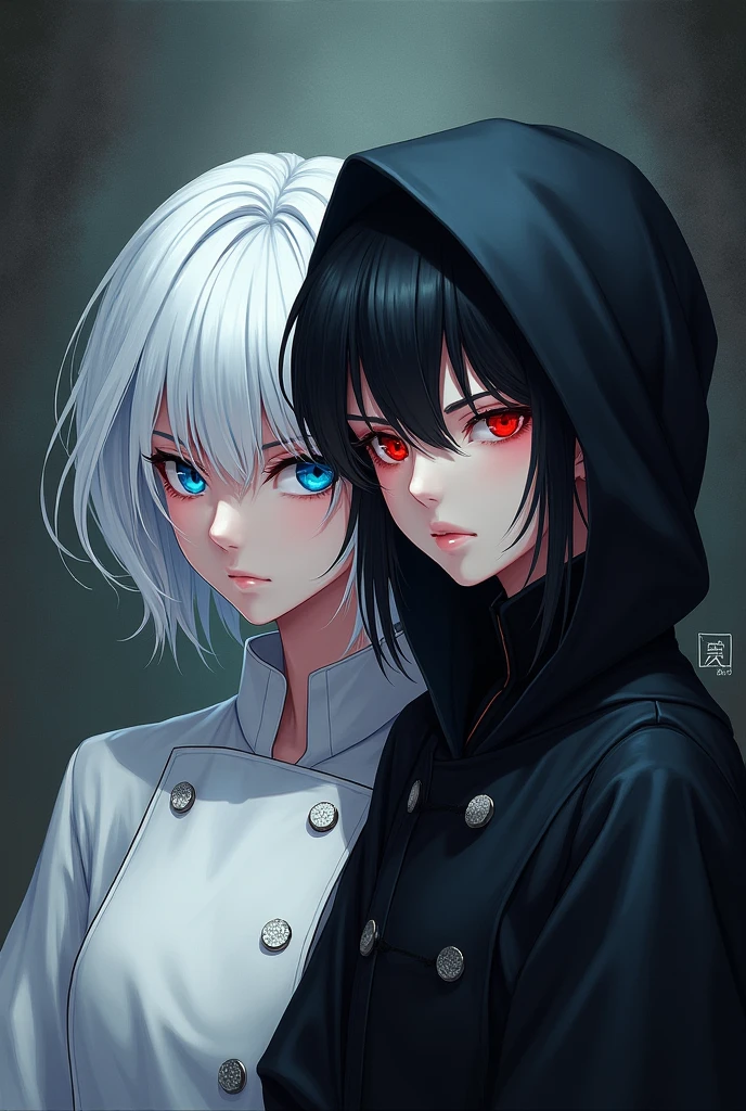 Create me a BL novel cover. A 2 white haired chef, blue eyes and a short black haired grim reaper, red eyes and dark outfit.