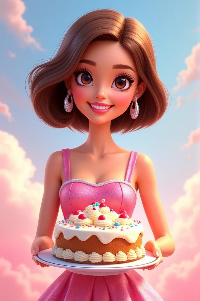 Create a barbie-style cartoon of a woman with brown hair and brown eyes with a cake