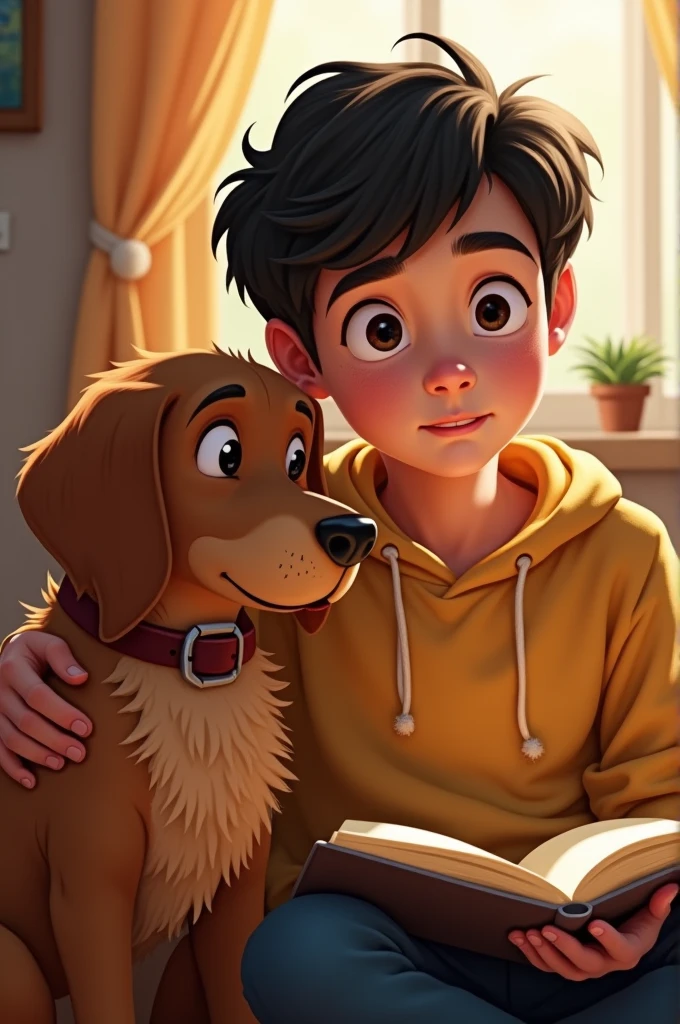 Mateo is a teenager , He starts reading the book to his dog Max, who is brown.