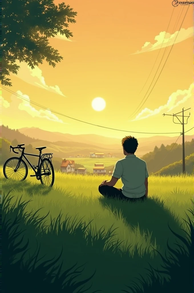 Ek green ground hai or ek aadmi hai vo green ground me baitha Hui hai or vo village ko dekh raha hai or sam ka samai hai or uska sirf parchai dekh raha hai or uska pass cycle hai