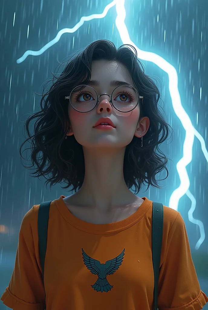 Girl wearing glasses curly hair to shoulder dark skin brown eyes orange blouse with Pegasus symbol in the rain looking at lightning in the sky 