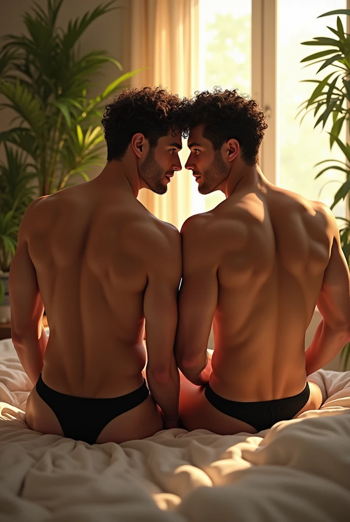 (photorealism:1.2), handsome men, sitting on bed, wearing thong underwear , nude body, short curly hair, indoors, soft lighting, plants in background, window with sunlight, cozy room, relaxed pose, realistic, intricate details, warm colors, by Greg Rutkowski, by Alphonse Mucha