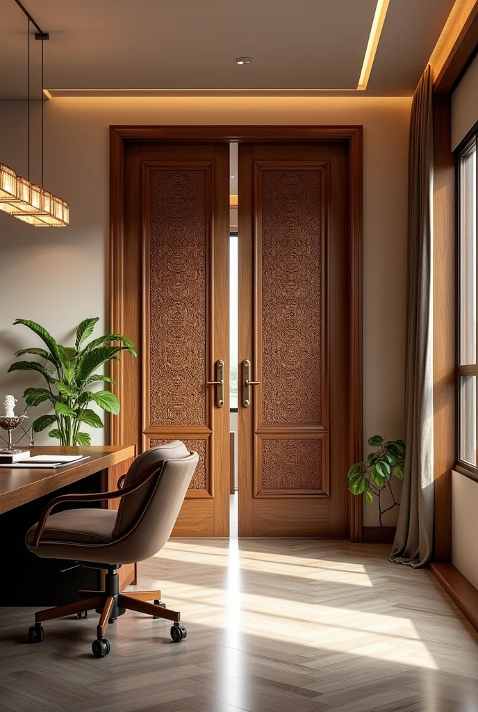 Create an image of a well-furnished office with a serene and elegant ambiance. The focal point is a set of wooden blinds, embossed with intricate designs of Shree Krishna, adding a spiritual and artistic touch to the space. The office is decorated with tasteful, modern furniture, and the blinds serve as a statement piece, blending traditional craftsmanship with a contemporary environment. The overall atmosphere is professional yet peaceful, with every detail contributing to a balanced and inspiring workspace.