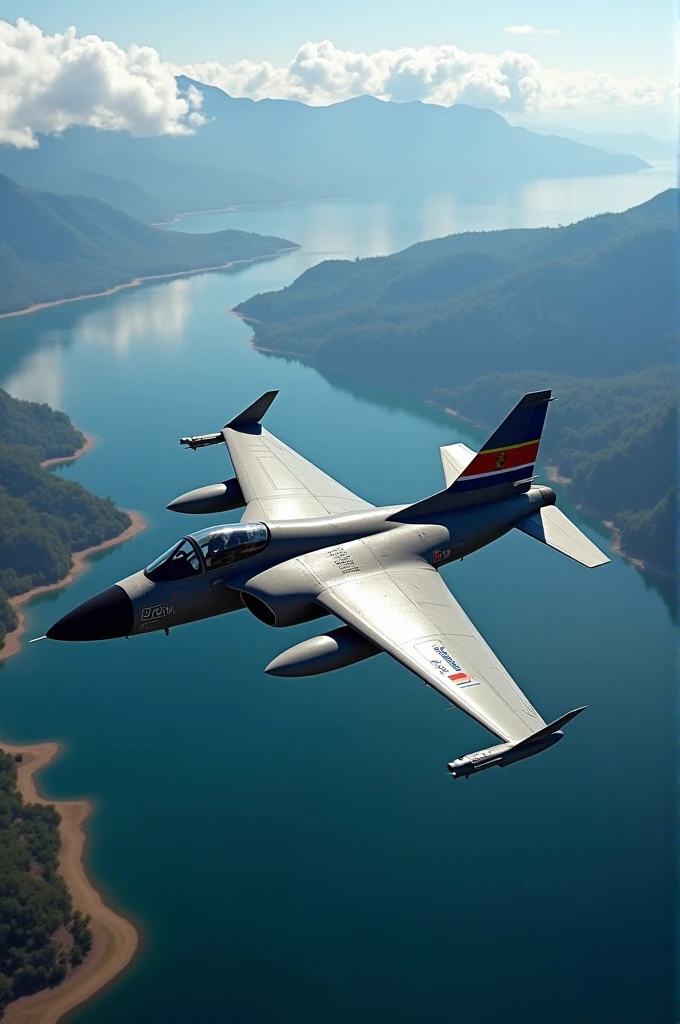 A-37B aircraft flying over Lake Ilopango, located in El Salvador, with the flag of El Salvador on the tail of the plane 
