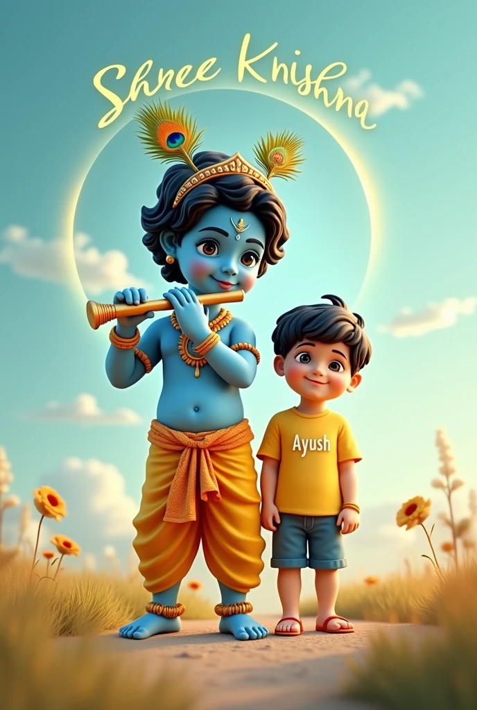 "Create a 3D image of Lord Krishna in his 'Little Krishna' avatar, depicted as a divine child with blue skin, adorned with a peacock feather in his crown, wearing traditional yellow dhoti and playing a flute. Beside him, show an 1 boy wearing a yellow t-shirt with the name 'Ayush' written on it in bold letters. The background features a clear blue sky with 'Shree Krishna' written in a blend of yellow and green colors across the sky. The setting should feel joyful and divine, with soft natural lighting and vibrant colors."