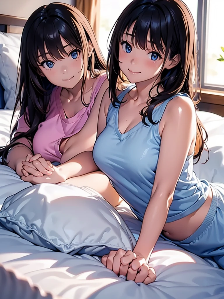One Woman, cute, adorable, smiling, straight hair, long hair, black hair, morning, sunny, looking at the camera, bedroom, sunlight, tank top pajamas, (Resting chin:1.8) (on both hands:1.5), lying on bed, on stomach, on belly, (put stomach on bed:1.3)