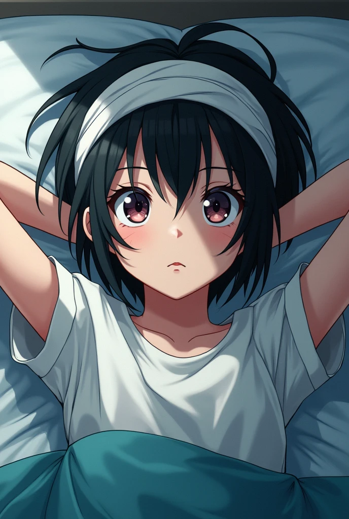 Anime girl with short black hair and her head wrapped in a bandage to avoid injury and the girl is 1 lying on the bed with her hands behind her head and looking at the surface with sharp features and wearing clothes similar to boys&#39; clothes 
