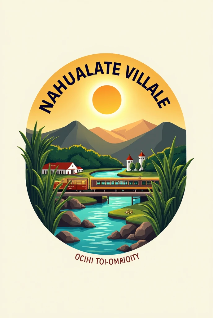Logo for a community called "Nahualate Village" The community was founded on sugarcane lands, It is also worth noting that the train passes through and there is a railway station., The community borders a river and a bridge, Its people are dedicated to agriculture and the community also has a school and churches.