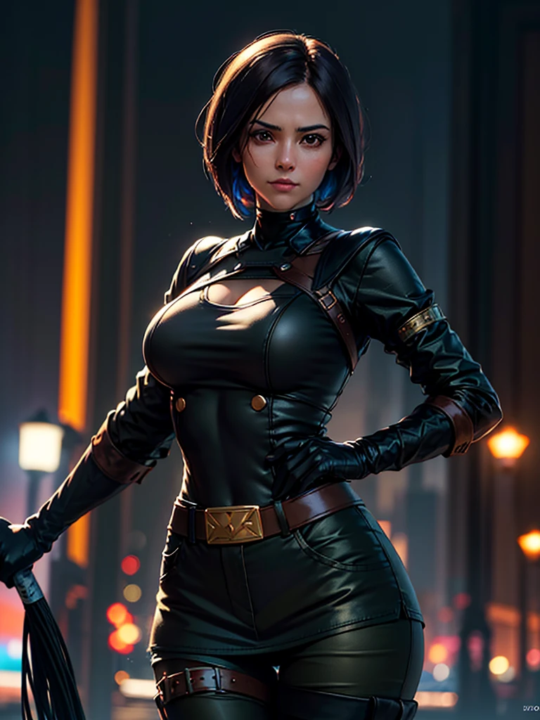 (at night), in a video game scene in the background, a beautiful city at night, raining, alone, standing looking straight ahead, military clothing with military green skirt and pants, black gloves, semi-short hair, ((semi-short hair)), 1 girl, 30 years old, young woman, perfect hands, Beautiful fingers, Beautiful long legs, Beautiful body, Beautiful nose, Beautiful character design, perfect face, looking straight at the viewer with a serious gesture and very upset, she has a black whip in her hand (focusing on her face), mouth closed, light_smile, official art, extremely detailed CG unity 8k wallpaper, perfect lighting, bright and colorful front lighting, shiny skin (artwork master: 1.0), (Best_quality: 1.0), ultra High resolution, 4k, ultra detailed photography, 8K, hdr, High resolution, Nonsense:1.2, Kodak portrait 400, film grain, Blurred background, bokeh:1.2, Flash lens, (vibrant_color:1.2), professional photography, (Beautiful, breasts: 1.4), (Beautiful_face: 1.5), (narrow waist),
