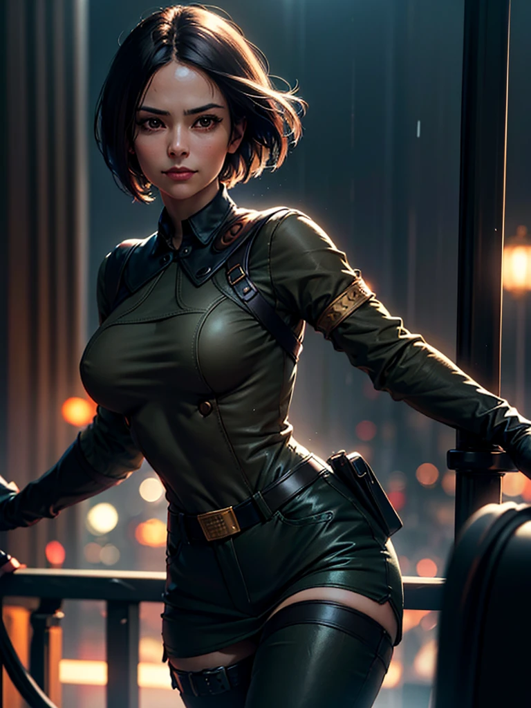 (at night), in a video game scene in the background, a beautiful city at night, raining, alone, standing looking straight ahead, military clothing with military green skirt and pants, black gloves, semi-short hair, ((semi-short hair)), 1 girl, 30 years old, young woman, perfect hands, Beautiful fingers, Beautiful long legs, Beautiful body, Beautiful nose, Beautiful character design, perfect face, looking straight at the viewer with a serious gesture and very upset, she has a black whip in her hand (focusing on her face), mouth closed, light_smile, official art, extremely detailed CG unity 8k wallpaper, perfect lighting, bright and colorful front lighting, shiny skin (artwork master: 1.0), (Best_quality: 1.0), ultra High resolution, 4k, ultra detailed photography, 8K, hdr, High resolution, Nonsense:1.2, Kodak portrait 400, film grain, Blurred background, bokeh:1.2, Flash lens, (vibrant_color:1.2), professional photography, (Beautiful, breasts: 1.4), (Beautiful_face: 1.5), (narrow waist),