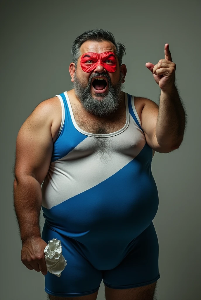 Malaysia male . Wear domino mask red. Mustache. Bearded face ,,chubby , short hair. Age 40 year old. Blue and white spandex. Open mouth mad. Anger face. Holding 0% paper . Show finger pose.