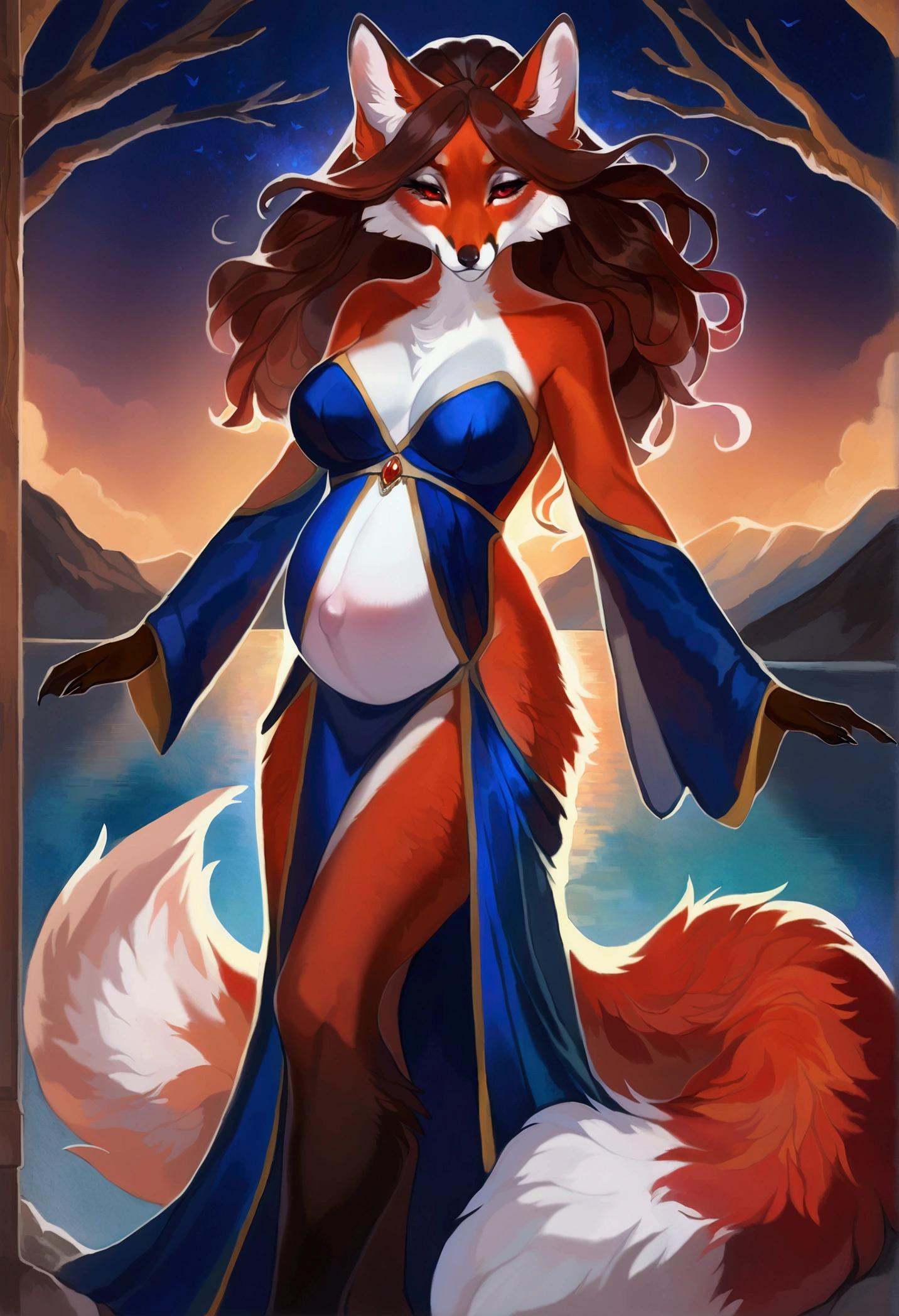 top quality, best quality, by juliathedragoncat, High-quality illustrations, masterpiece), (kemono, furry anthro), very beautiful and detailed body face and eyes, round, 1 female, fox, slim body, mature face, red furs, fluff, fox tail, average breasts, hair, perfect eyes, red eyes, beautiful gown, beautiful night on lake, body movement, body twitching, beautiful pregnant,