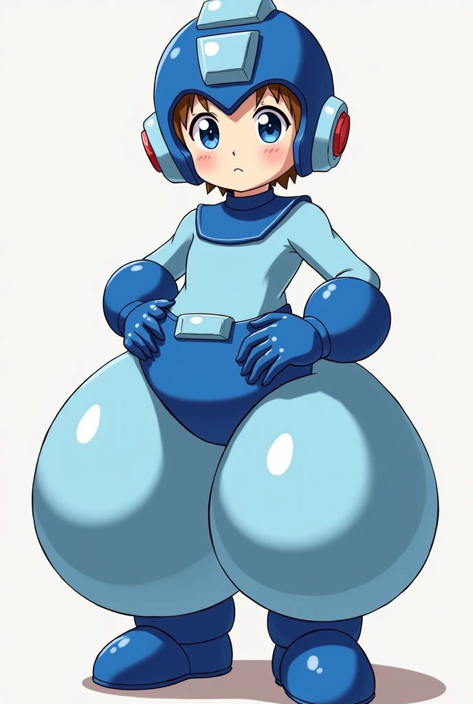 Small boy, around six years old, brown hair, blue eyes, perfect hands, anime style, wearing a Megaman outfit consisting of a light blue MegaMan 11-style satin leotard, humongous inflatable satin princess Jasmine-style 4-yard pants, royal blue ankle boots, royal blue gloves, royal blue large rounded coverings on the lower arms, royal blue Megaman helmet, and a huge padded royal blue satin diaper. His helmet has a raised light blue square in the forehead and a light blue rectangle running straight back from the square, resembling an exclamation mark. His helmet also features round light blue sections with red circles in the center over his ears. The pants are very puffy and very round and the diaper is extremely puffy and completely round and completely spherical. High quality.