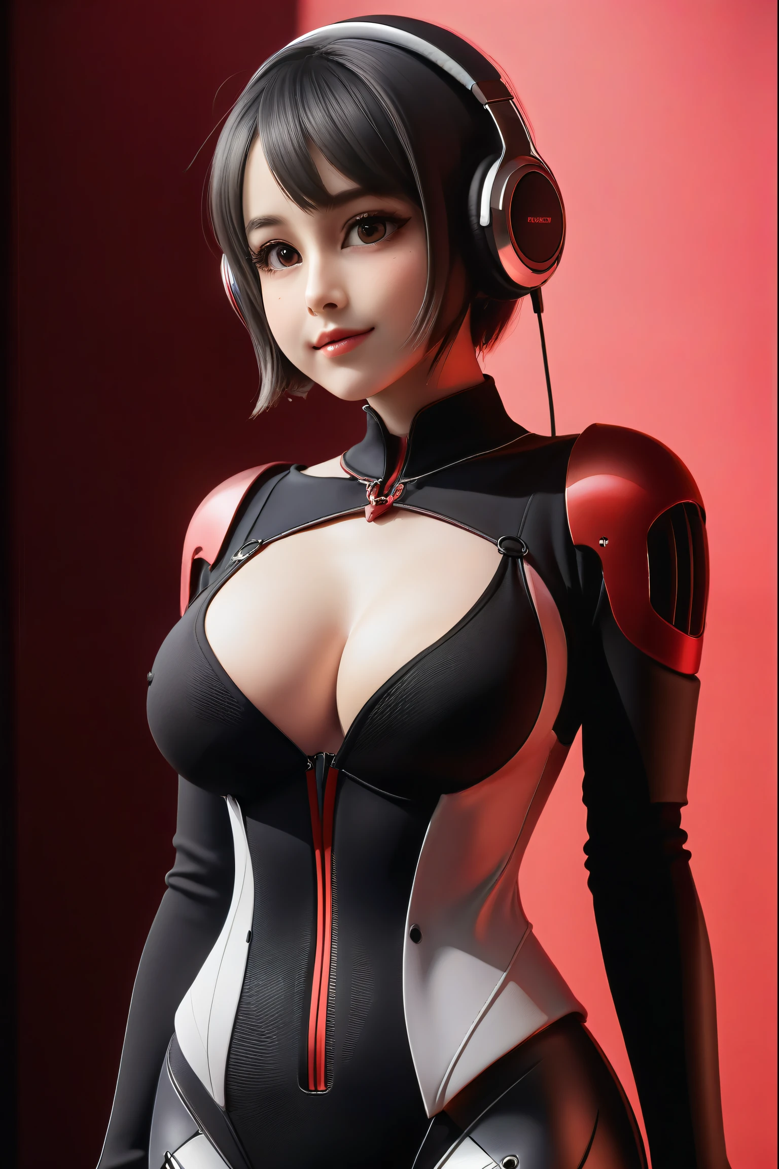 score_9, score_8_up, score_7_up, score_6_up, score_5_up, score_4_up, (source_anime), 1girl, smile, huge breasts, sunset, looking at viewer, blush, short hair, large breasts, 1girl, (masterpiece, best quality, very aesthetic, ultra detailed, ultra-detailed, 4k), score_9, score_8_up, score_7_up, score_6_up, score_5_up, score_4_up, (1girl), (masterpiece, best quality, ultra-detailed), Speaker Woman, humanoid female with a large red speaker for a head, sleek black pinstripe suit, fitted jacket with a tie, long sleeves, form-fitting pants, confident and assertive pose, black gloves, glowing red, vibrant red background, simple lighting, dynamic composition, smooth shading, clean lines, clear focus, full-body view, robot_head_speaker, real human body, robot_head_speaker_woman, Black full body suit elegant with stripes with, Red shirt underneath, robot_head_speaker, red shirt, big headphones, Nyantcha style, GLaDOSSDXL, Glados, mechanical parts, humanoid robot, Short hair,