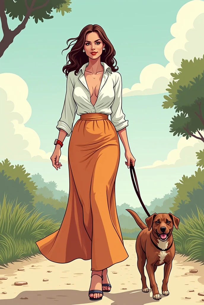 Comic Style, elegant woman (White blouse(open), long skirt ) with big breasts and small butt walks her dog