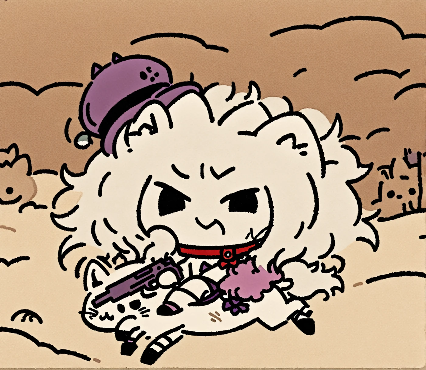 White Tanuki Hyena Pomeranian, Medium Hair, Spike Messy Hair, Circle Eye, Hyena Ear, Magenta Bowler hat, Maroon Crop Tops, Magenta Feather Boa, collar, Maroon Bow Tie, stockings, high heels, looking at viewer, evil smile, holding Gun, horseback riding, Desert, big lineart, digital illustration