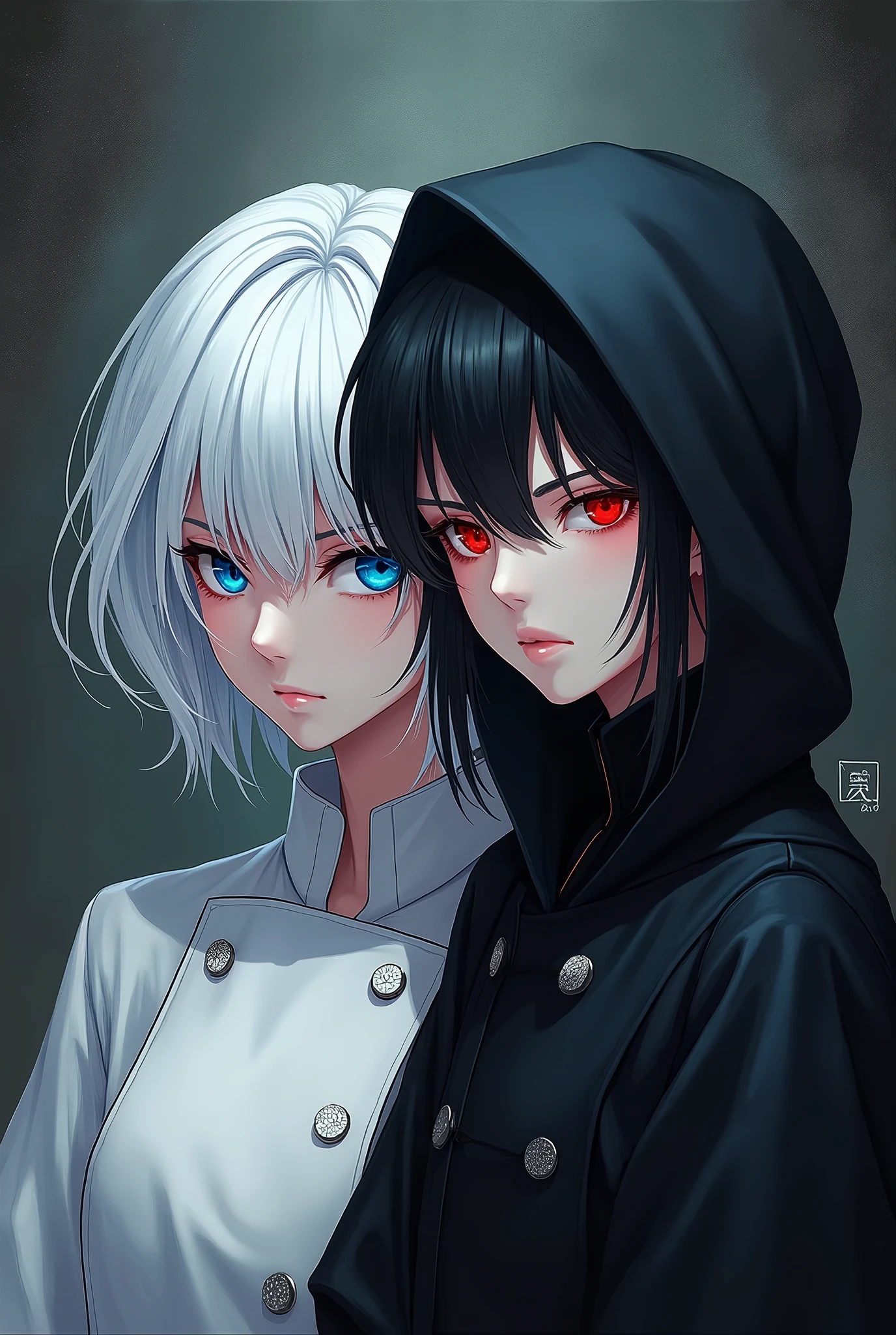 Create me a BL novel cover. A 2 white haired chef, blue eyes and a short black haired grim reaper, red eyes and dark outfit.