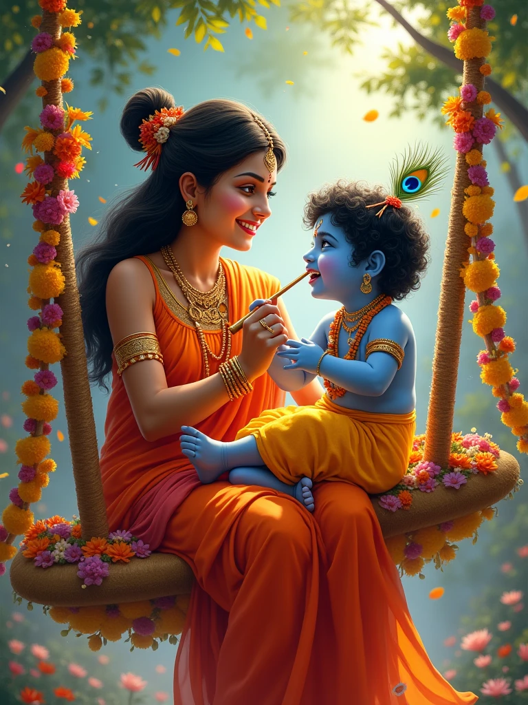 Mother Yashoda swinging her new born Little baby Krishna in a beautifully decorated jhoola (swing), both of them laughing joyously. Krishna, with his blue skin, peacock feather in his hair, and flute in hand, looks at Yashoda with a mischievous grin. The scene is vibrant and colorful, capturing the festive spirit and the unbreakable bond they share.