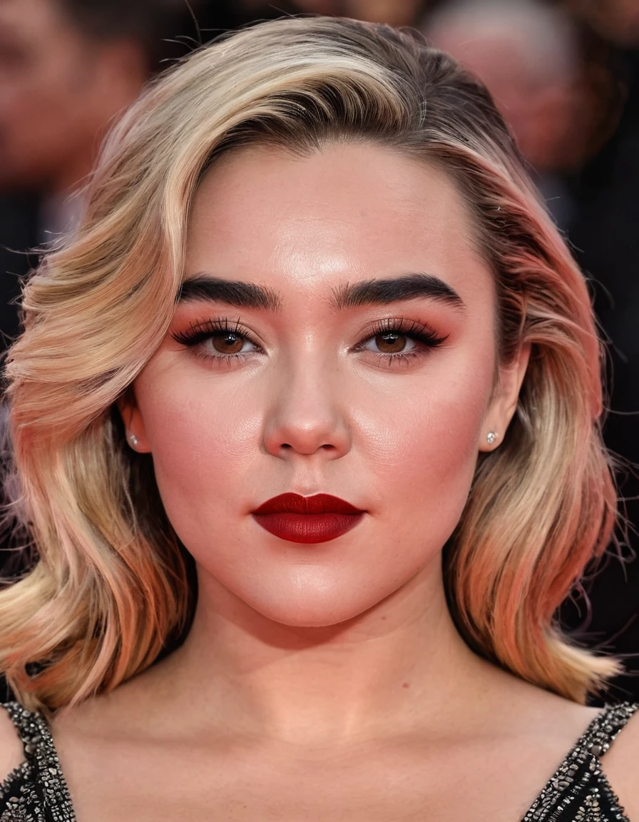 A waist-up portrait of a beautiful female whose facial features are a combination of Florence Pugh + Olivia d’Abo. The female has lovely makeup on her face. The female wears red lipstick. Symmetrical eyes. Symmetrical face. Lovely details. Photorealistic. Full-colored photo. Professional photo. Highly detailed 8K.