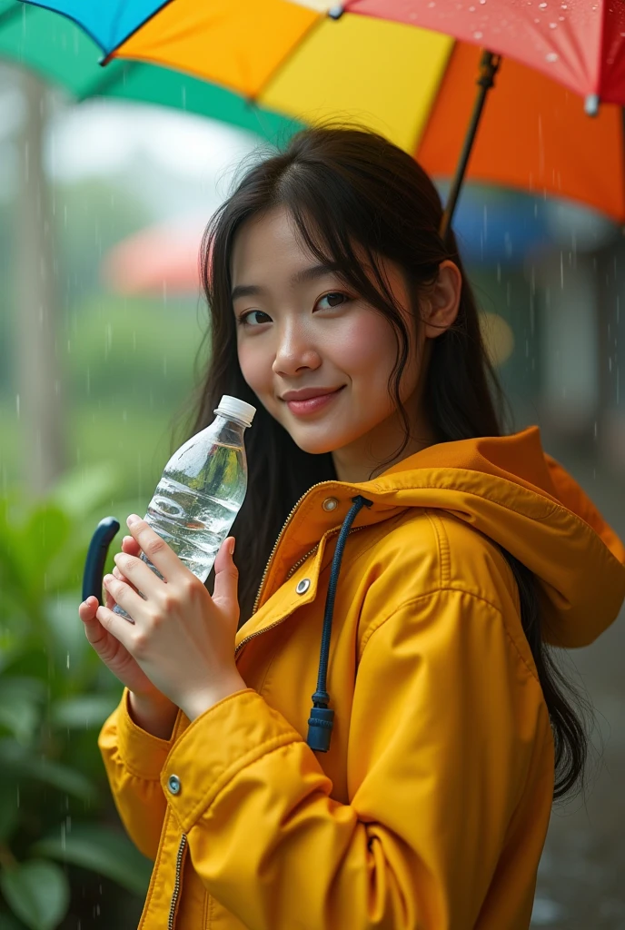 (photorealism:1.2), beautiful woman Indonesian, half body, wearing yellow jacket, holding umbrella and water mineral botol plastic, with rainy weather, outdoor, soft lighting, plants in background, cozy room, relaxed pose, realistic, intricate details, warm colors