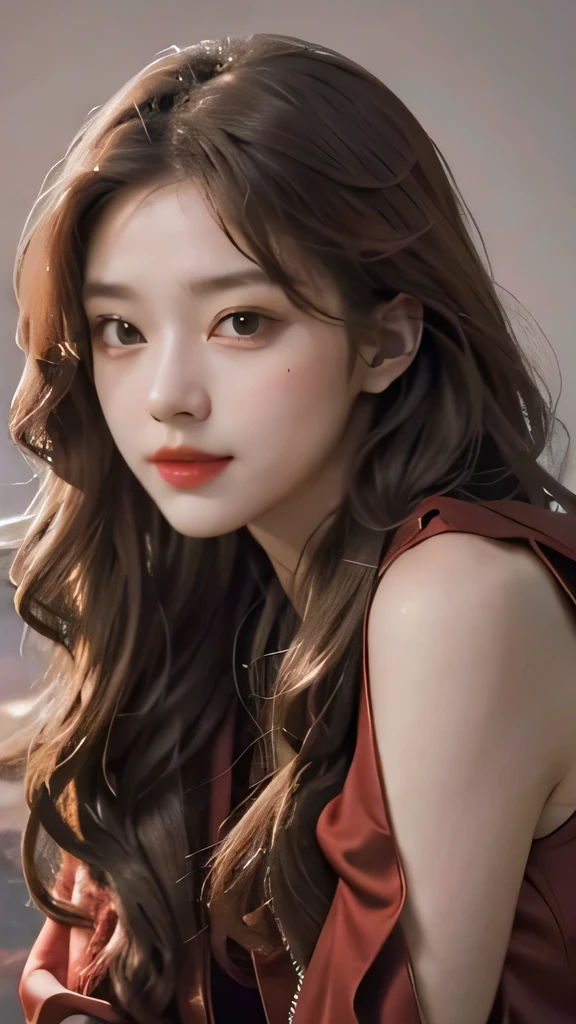 Girl wearing, luxury red coat, shoulder length hair, wavy hair, glowing skin, star in eye, red lips, grey background, cute poses