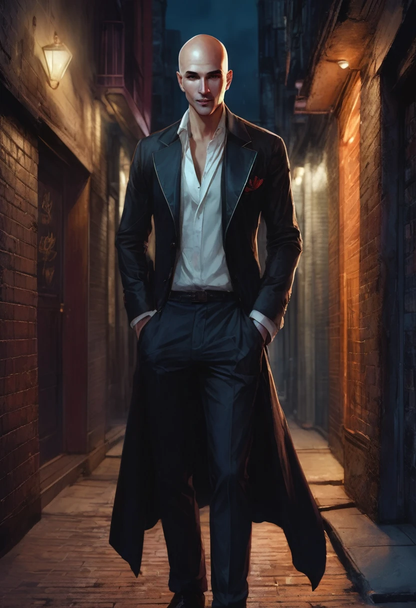 (good quality), (many details), (masterpiece), style of Charlie Bowater, vampire, man, broad shoulders, bald head, old suit, square chin, scar on lower lip, boots, at night in an alley, in a modern city, sneaky smile
